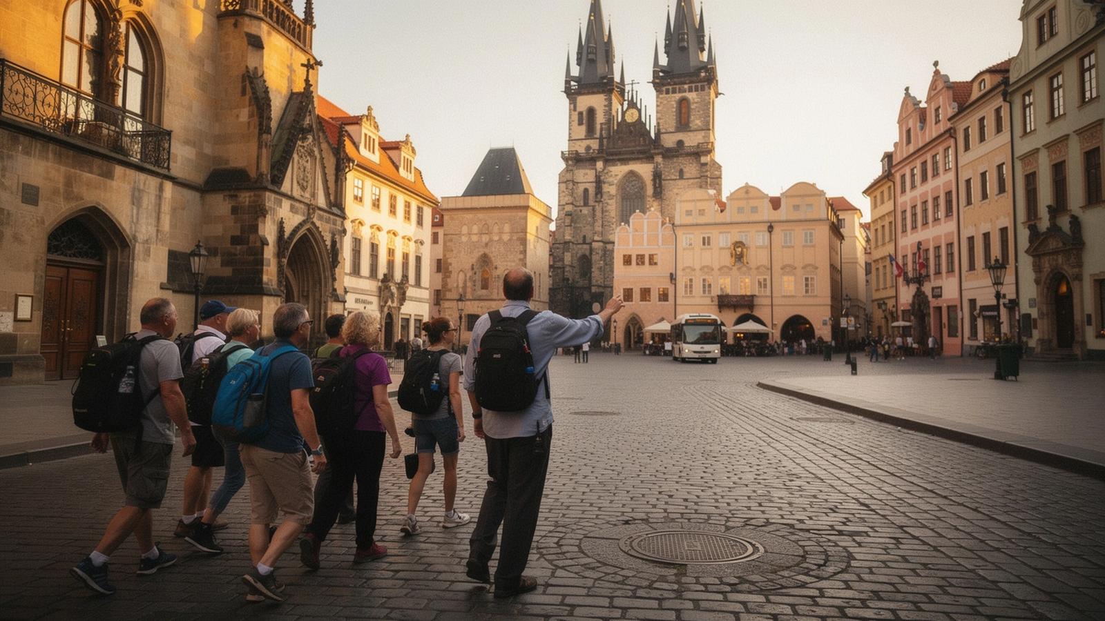 Coach tour group walking toward the Old Town Square in Prague in early morning light